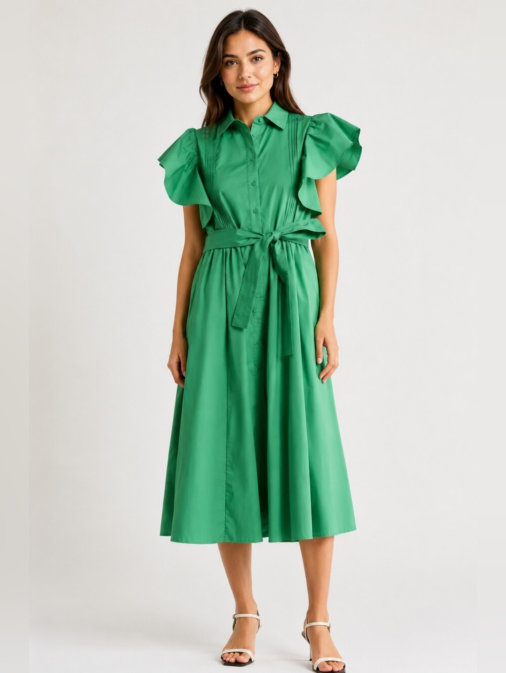 Jason Wu Woman Green Flutter Sleeve Midi Shirt Dress Belted 2X